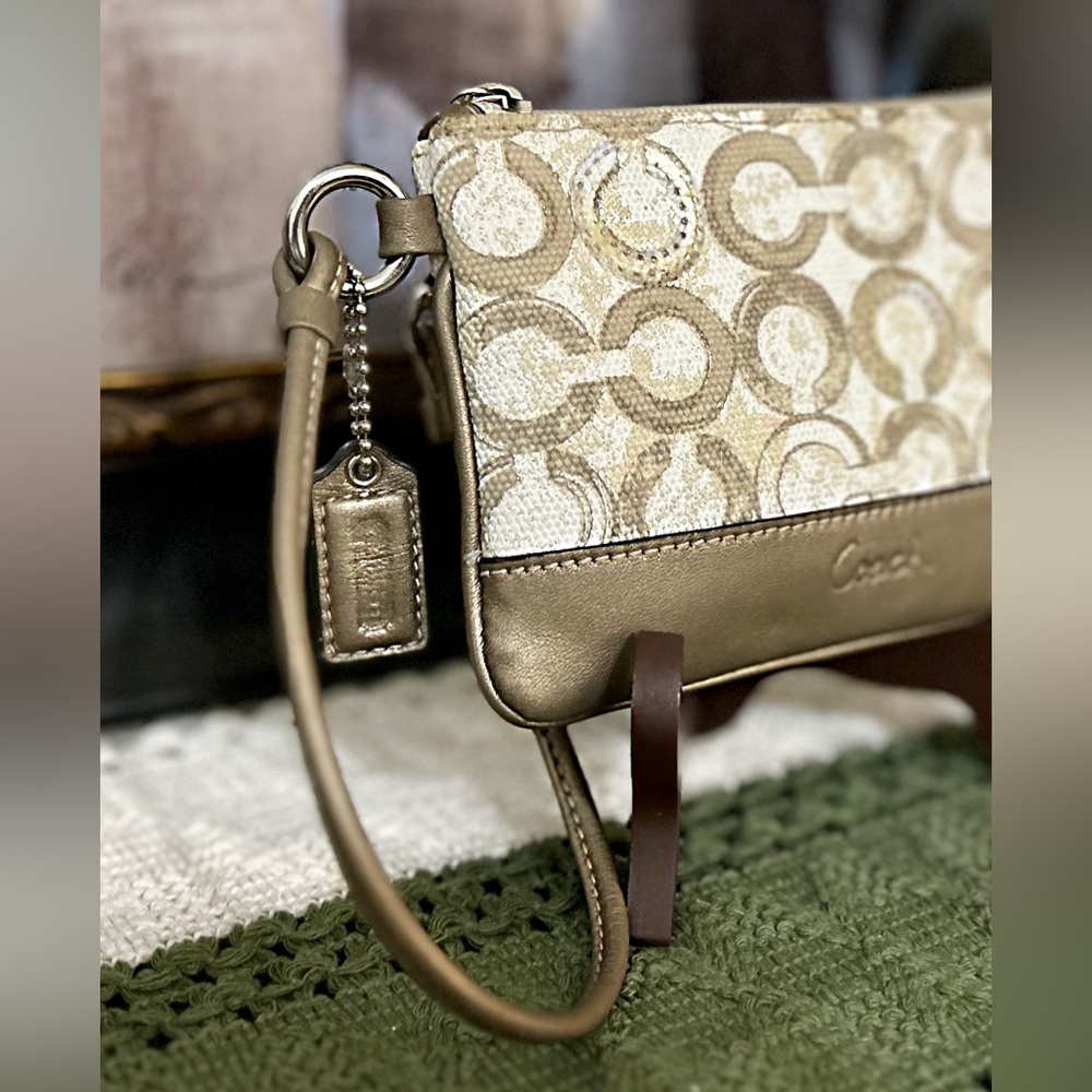 Coach Beige Signature Logo Wristlet with Metallic Accents - Picture 5 of 15